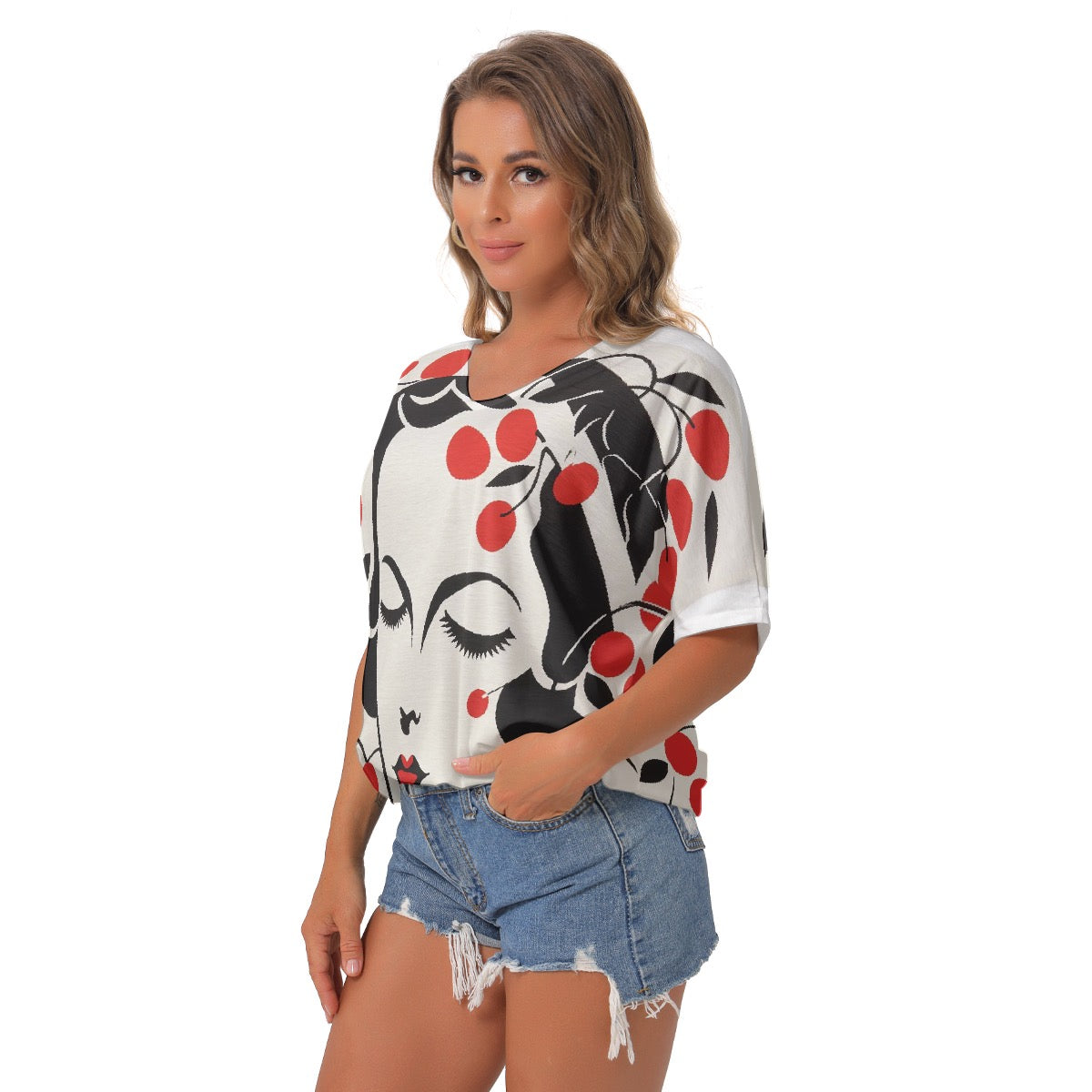 All-Over Print Women's Bat Sleeves V-Neck Blouse