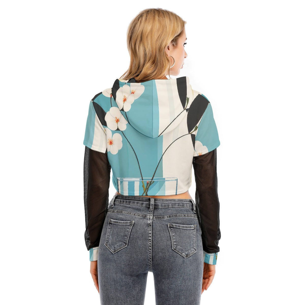 All-Over Print Women's Fake Two-piece Mesh Sleeve Cropped Hoodie