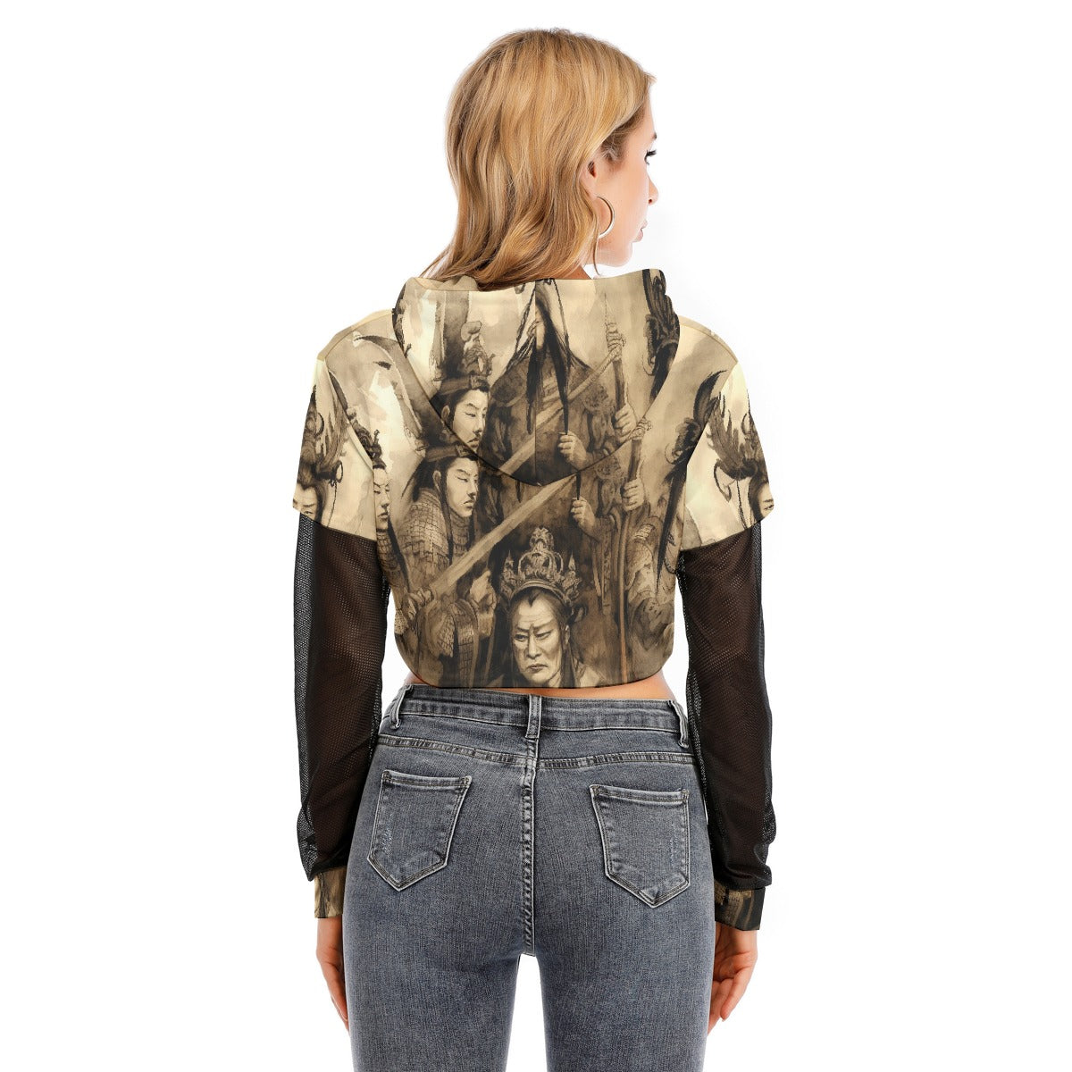 All-Over Print Women's Fake Two-piece Mesh Sleeve Cropped Hoodie