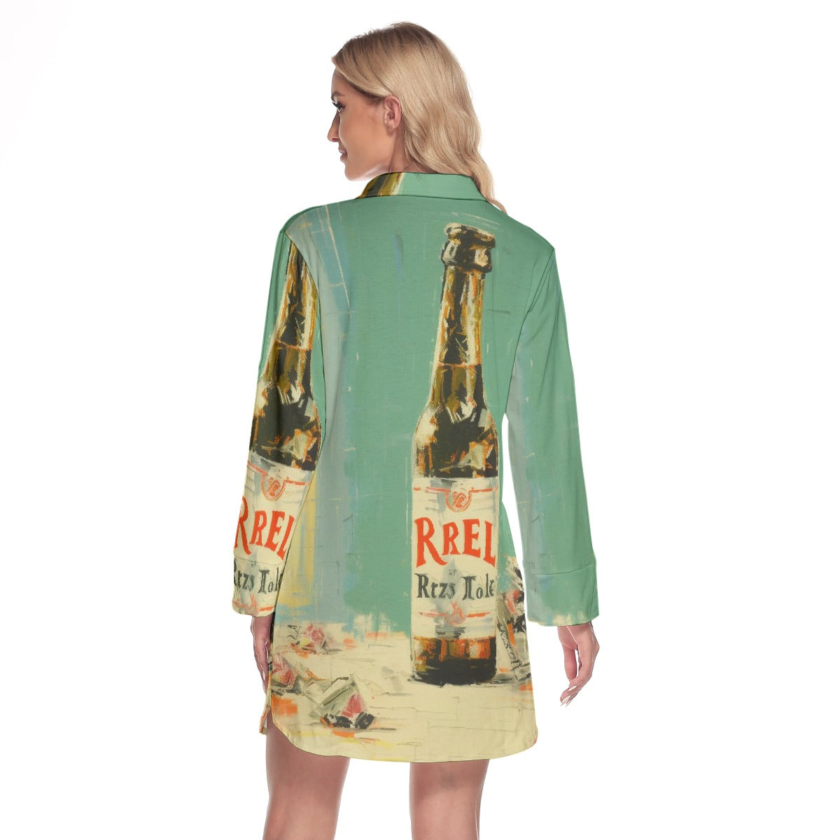 All-Over Print Women's Lapel Shirt Dress With Long Sleeve