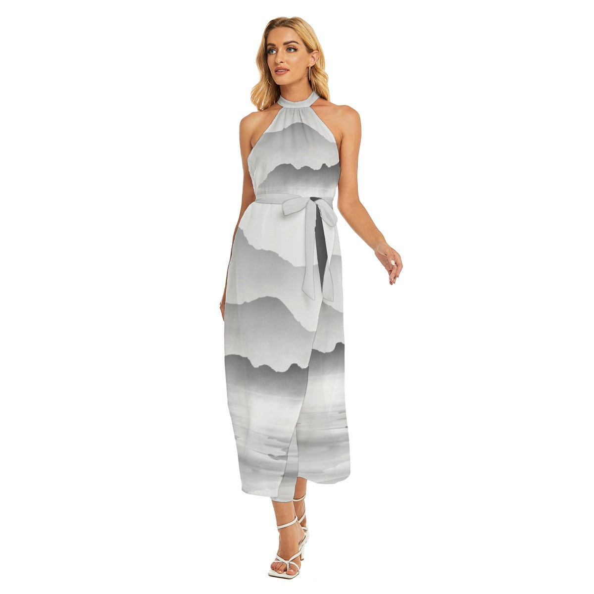 All-Over Print Women's Wrap Hem Belted Halter Dress