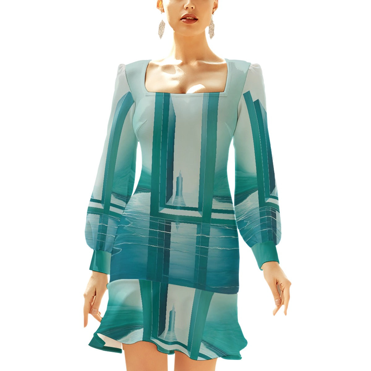 All-Over Print Women's Ruffle Hem Skinny Dress