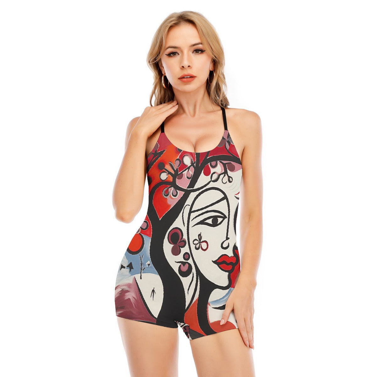All-Over Print Women's Backless Romper With Black Straps