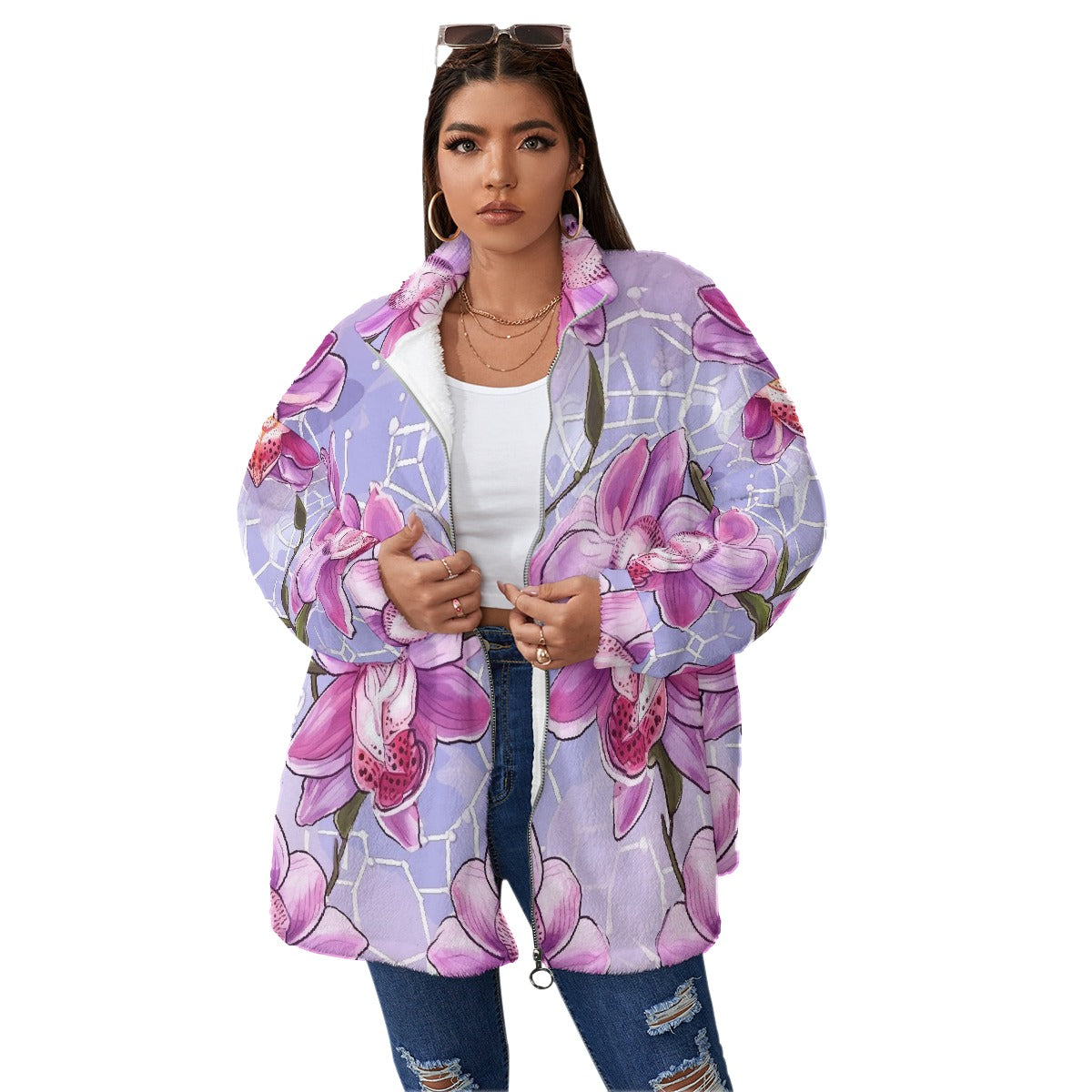 All-Over Print Unisex Borg Fleece Stand-up Collar Coat With Zipper Closure(Plus Size)