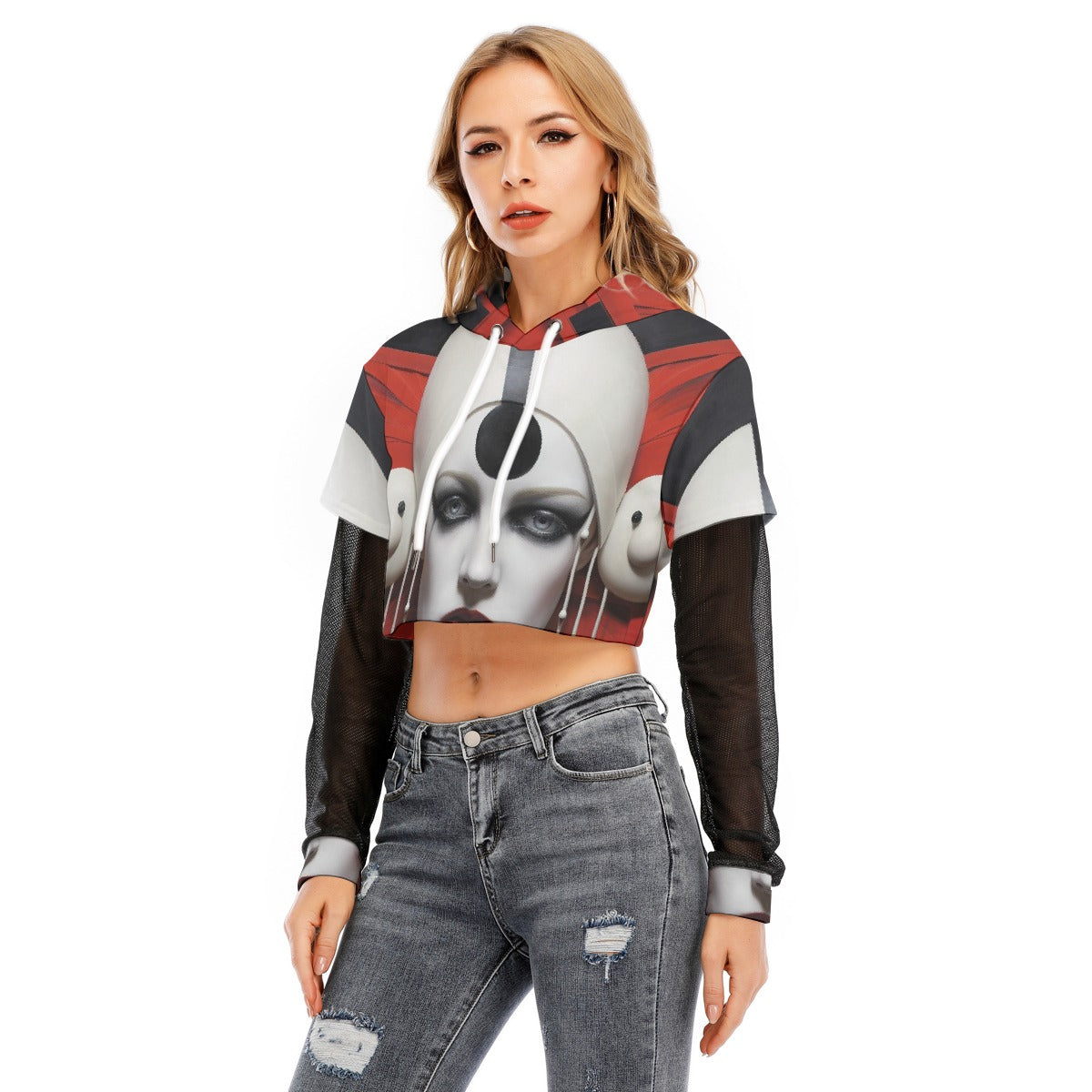 All-Over Print Women's Fake Two-piece Mesh Sleeve Cropped Hoodie