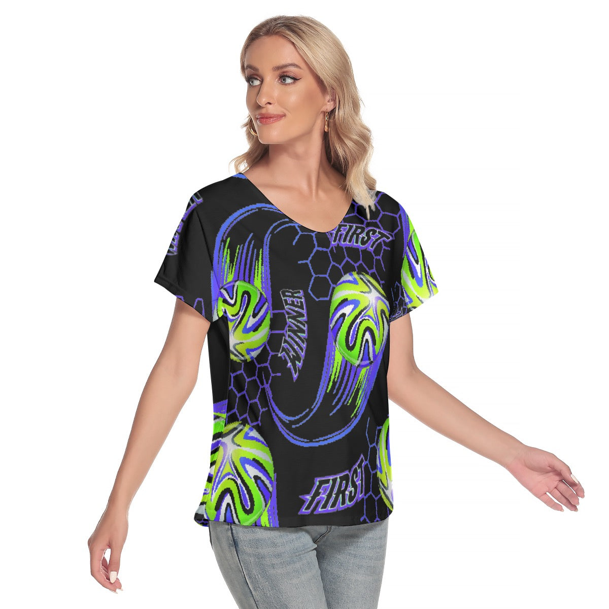 All-Over Print Women's Loose V-neck Short Sleeve T-shirt