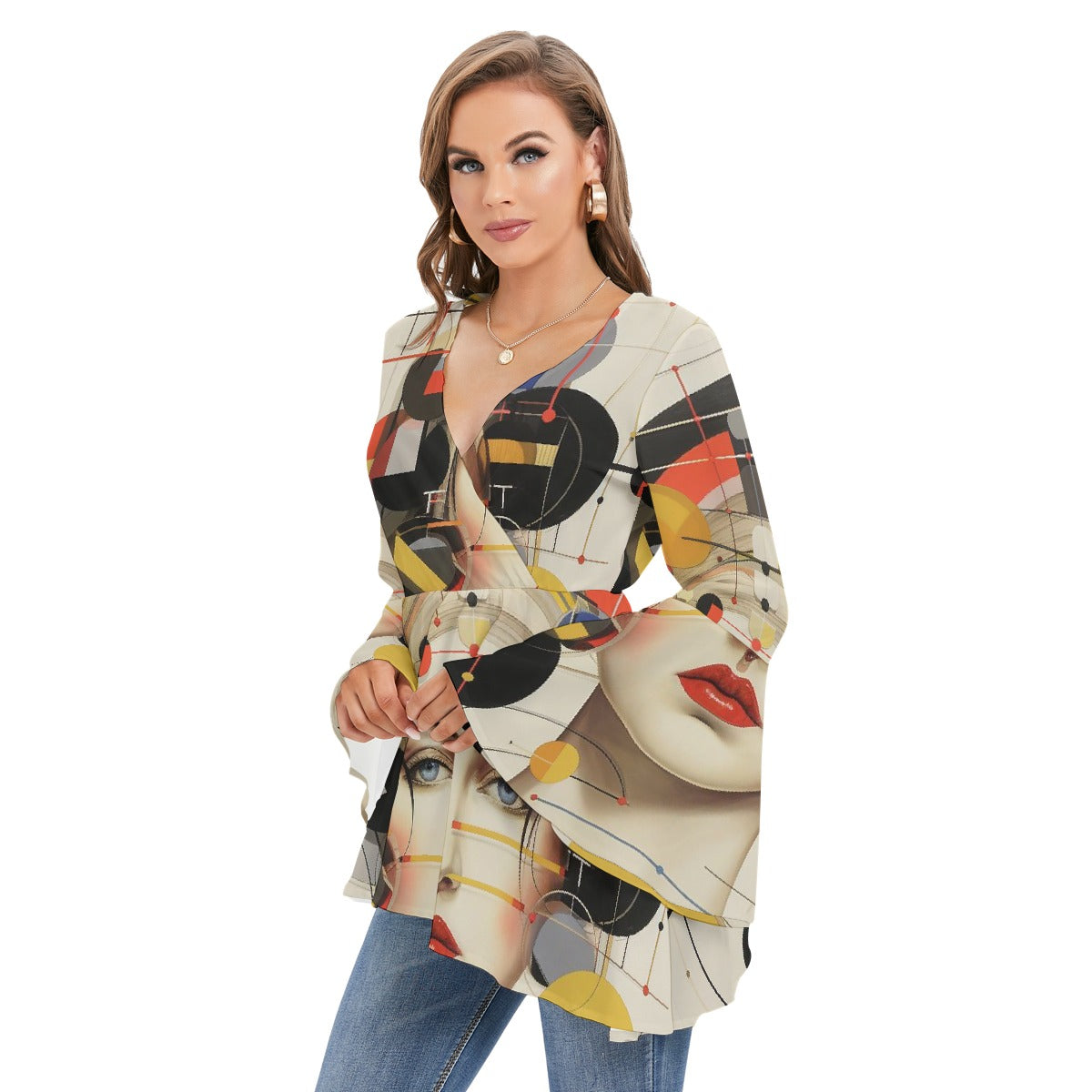 All-Over Print Women's V-neck Blouse With Flared Sleeves