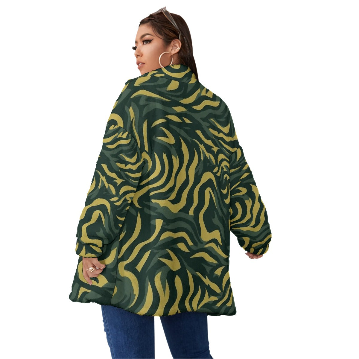 All-Over Print Unisex Borg Fleece Stand-up Collar Coat With Zipper Closure(Plus Size)