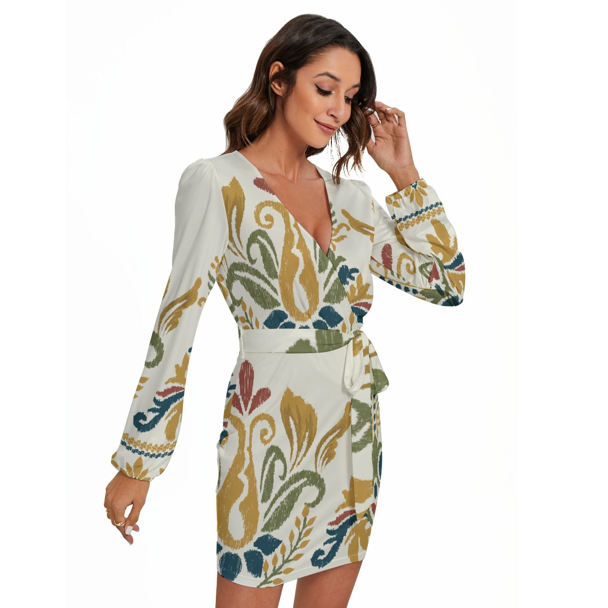 All-Over Print Women's Long Sleeve Dress With Waist Belt