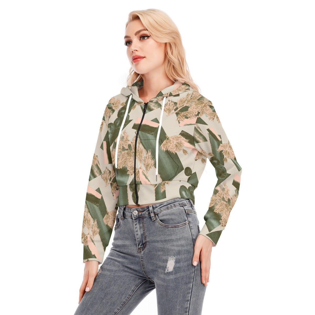 All-Over Print Women's Crop Top Hoodie With Zipper Closure