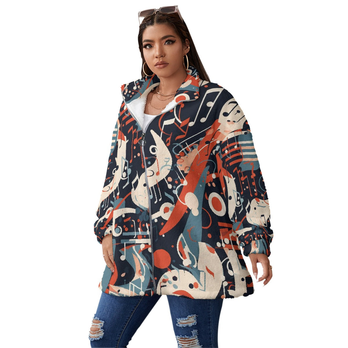 All-Over Print Unisex Borg Fleece Stand-up Collar Coat With Zipper Closure(Plus Size)