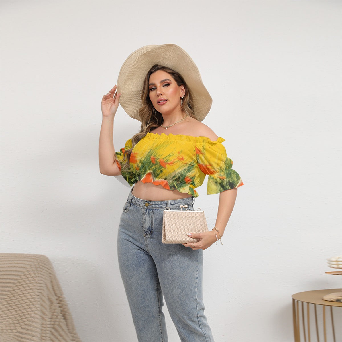 All-Over Print Women's Off-shoulder Cropped Top With Short Puff Sleeve