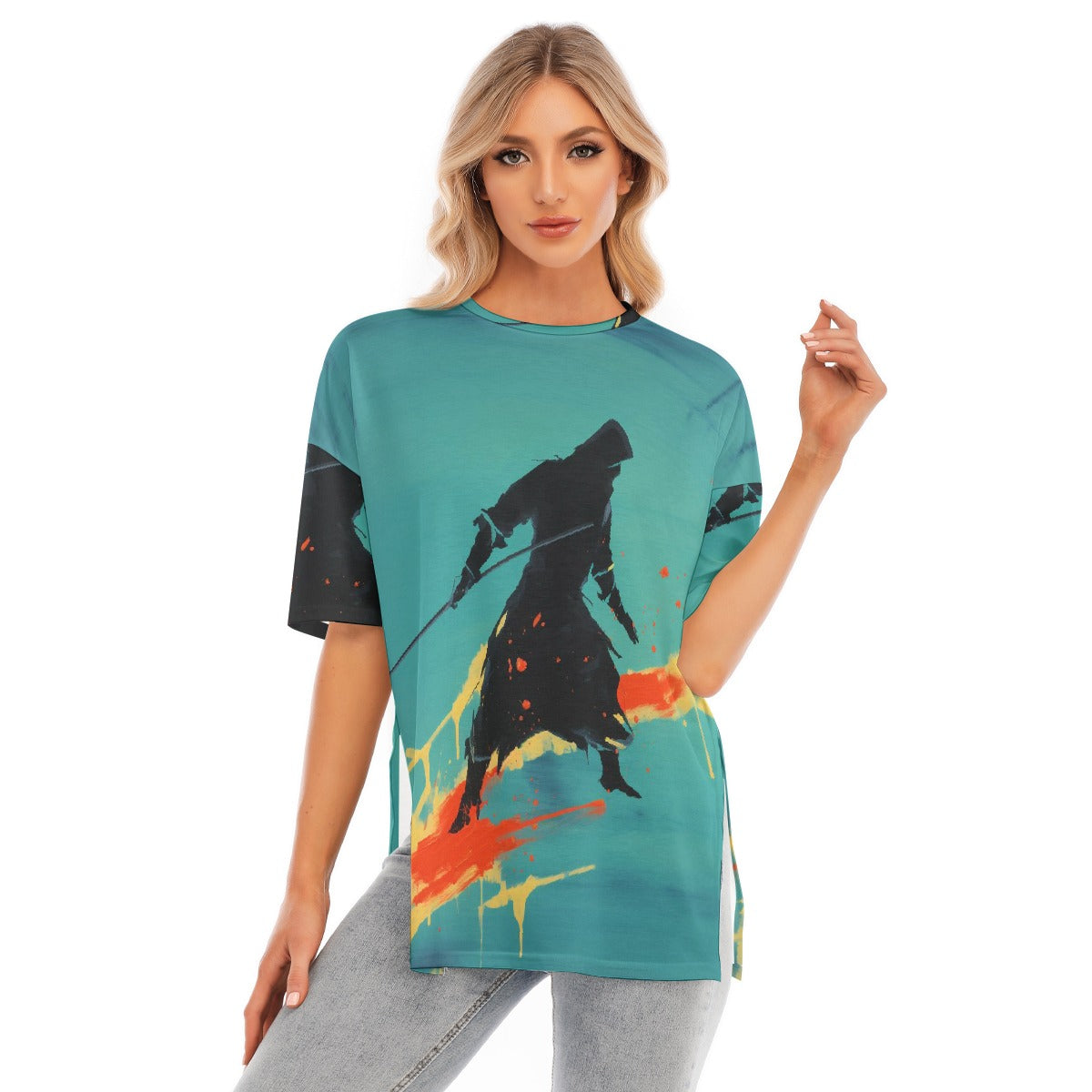All-Over Print Women's Short Sleeves T-shirt With Hem Split