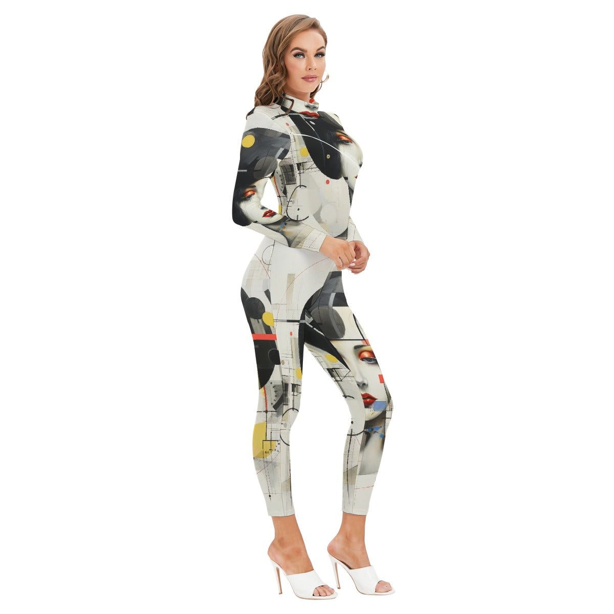 All-Over Print Women's Long-sleeved High-neck Jumpsuit With Zipper