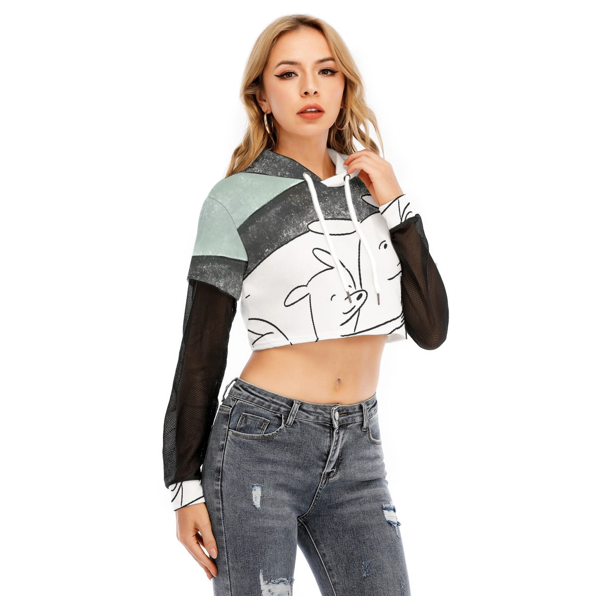 All-Over Print Women's Fake Two-piece Mesh Sleeve Cropped Hoodie