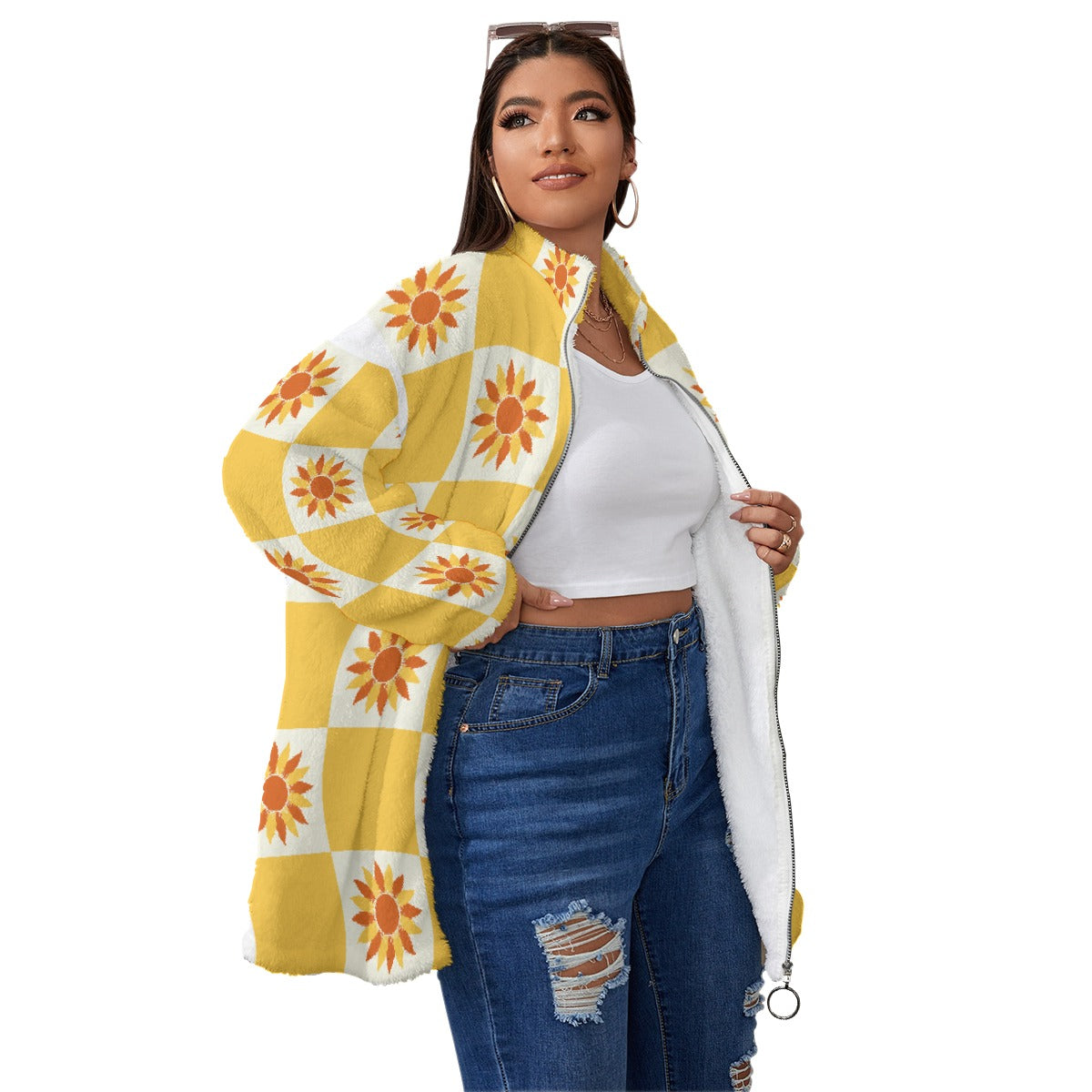 All-Over Print Unisex Borg Fleece Stand-up Collar Coat With Zipper Closure(Plus Size)