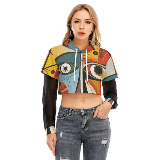 All-Over Print Women's Fake Two-piece Mesh Sleeve Cropped Hoodie