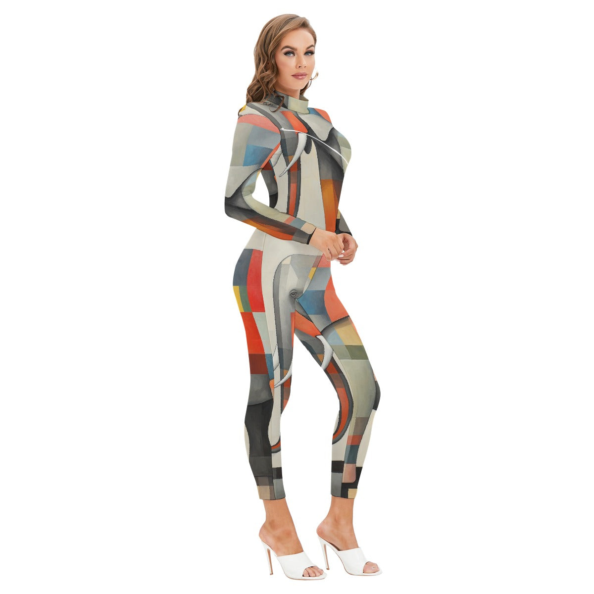 All-Over Print Women's Long-sleeved High-neck Jumpsuit With Zipper