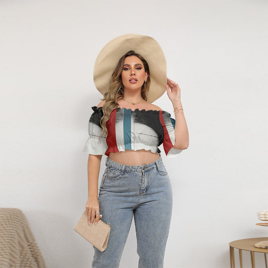 All-Over Print Women's Off-shoulder Cropped Top With Short Puff Sleeve