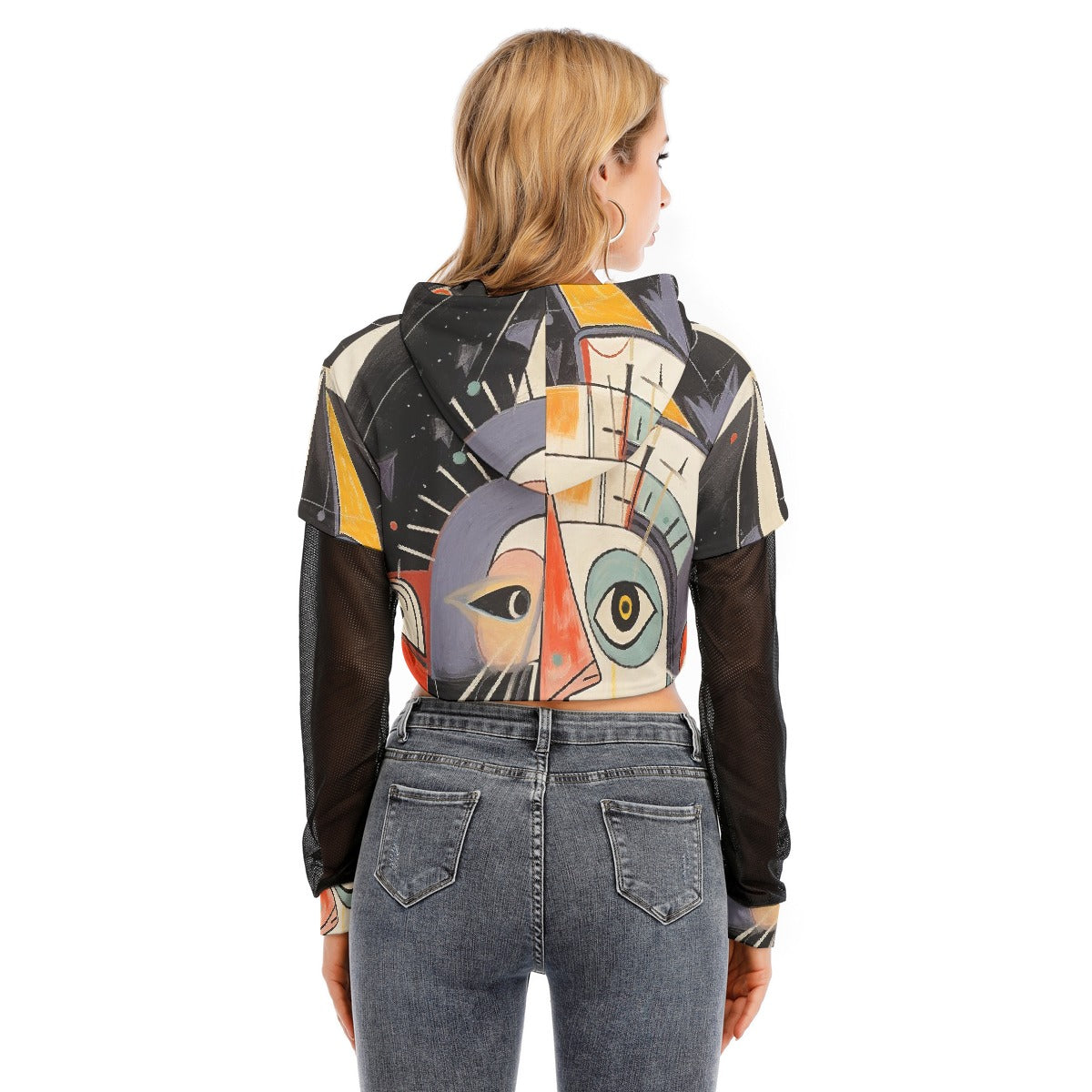 All-Over Print Women's Fake Two-piece Mesh Sleeve Cropped Hoodie