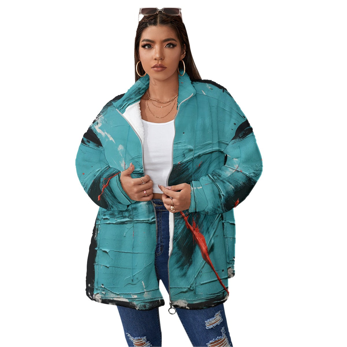 All-Over Print Unisex Borg Fleece Stand-up Collar Coat With Zipper Closure(Plus Size)