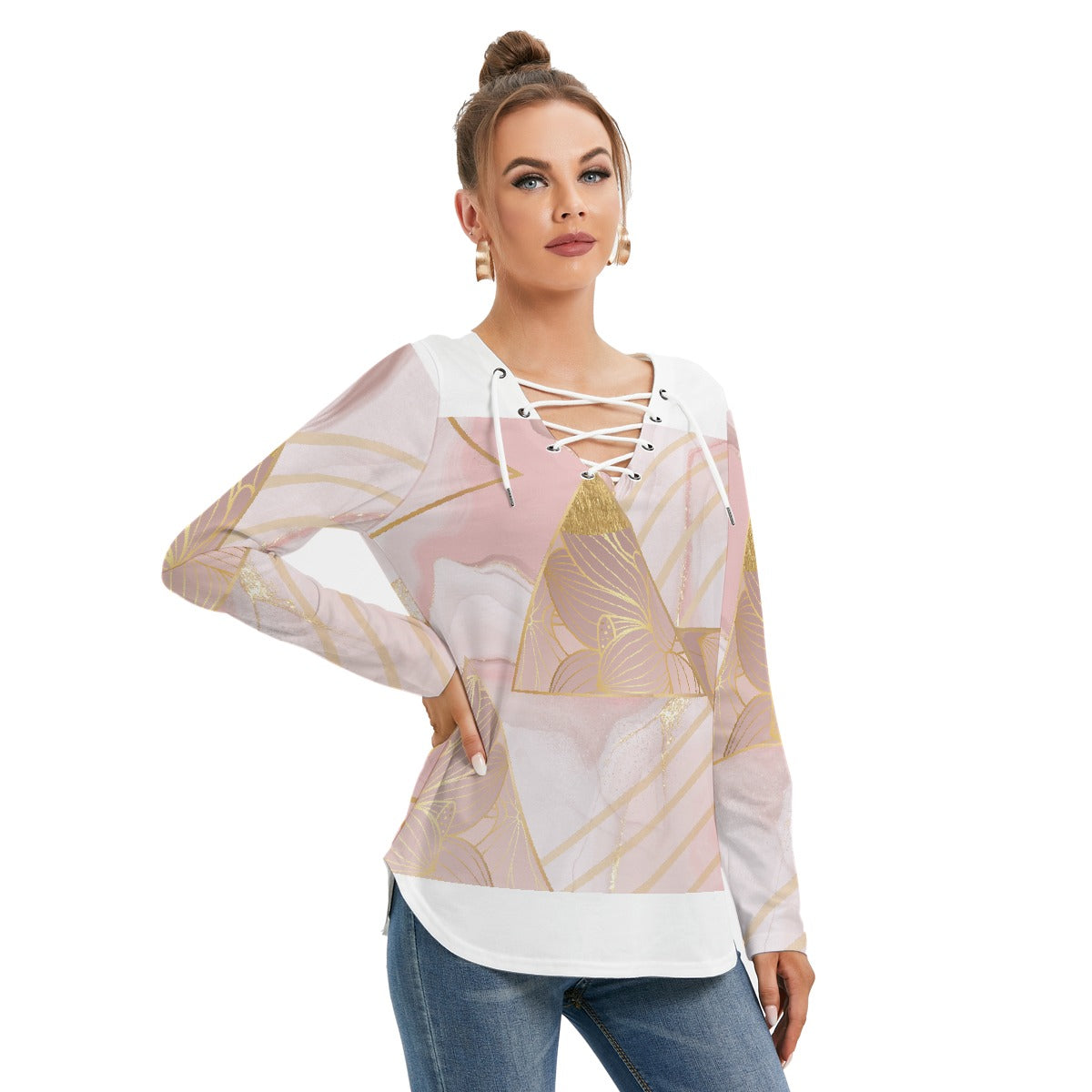 All-Over Print Women's Long Sleeve Neckline Tie Sweatshirt