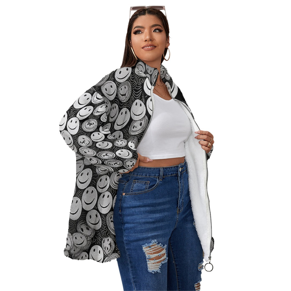 All-Over Print Unisex Borg Fleece Stand-up Collar Coat With Zipper Closure(Plus Size)