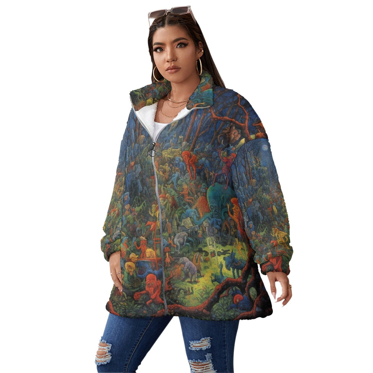 All-Over Print Unisex Borg Fleece Stand-up Collar Coat With Zipper Closure(Plus Size)