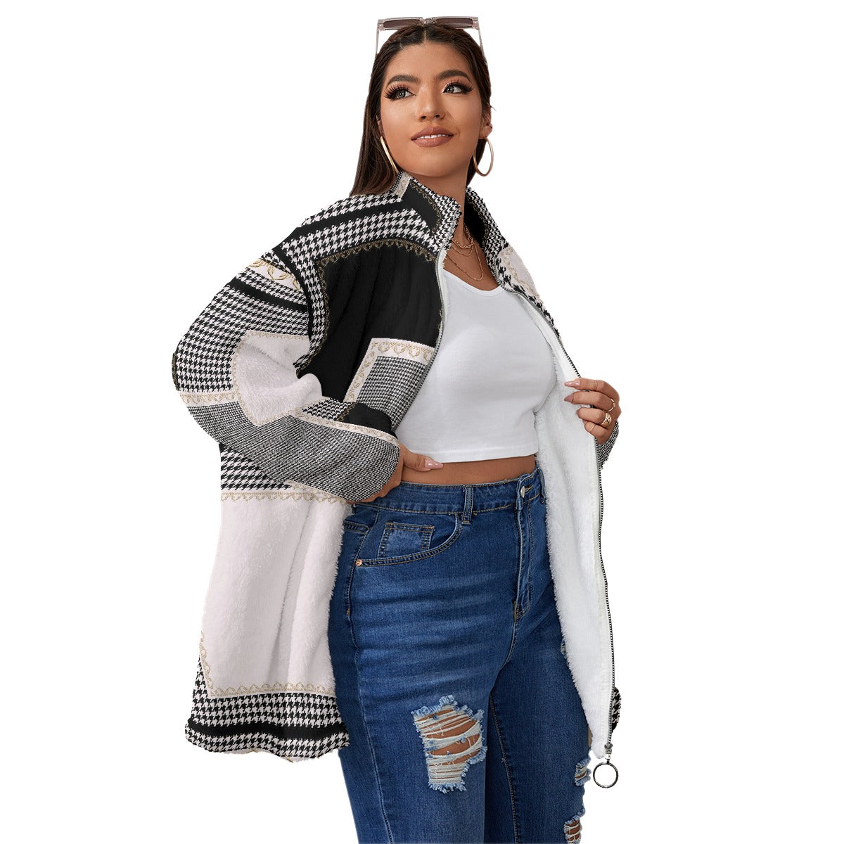 All-Over Print Unisex Borg Fleece Stand-up Collar Coat With Zipper Closure(Plus Size)