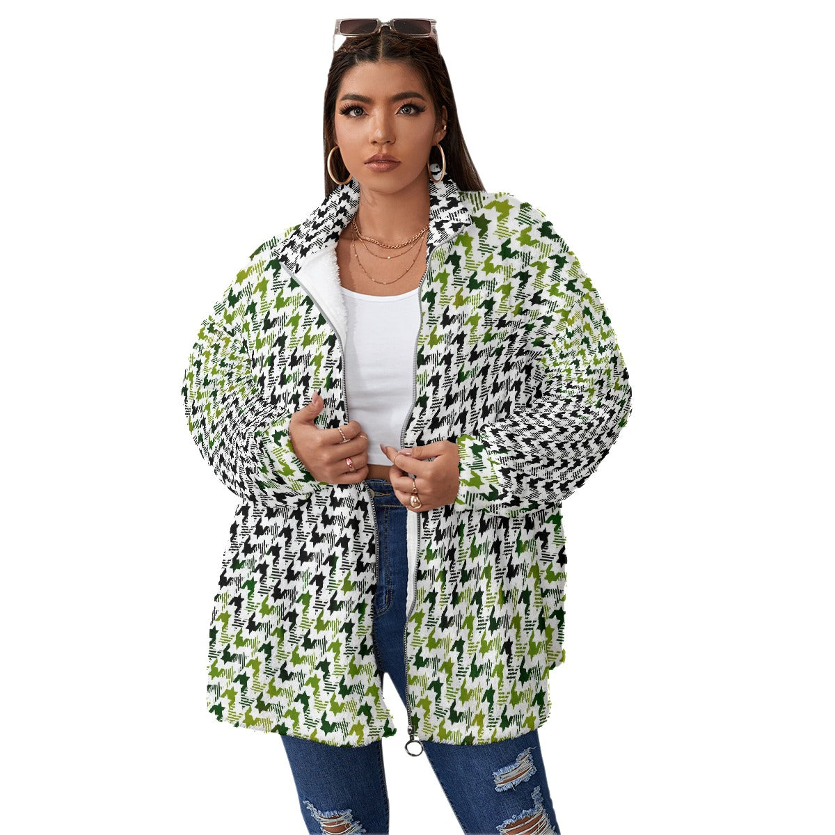 All-Over Print Unisex Borg Fleece Stand-up Collar Coat With Zipper Closure(Plus Size)