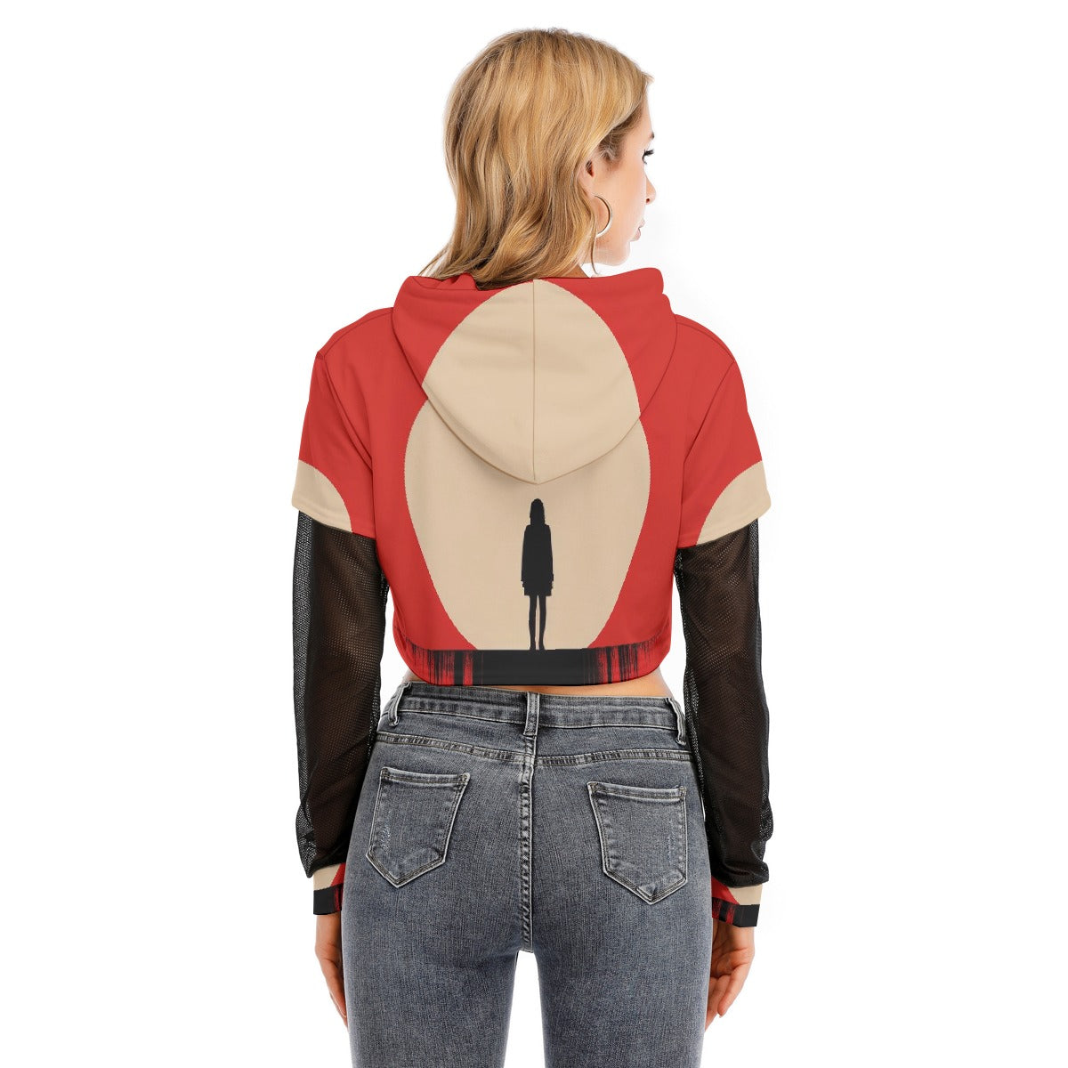 All-Over Print Women's Fake Two-piece Mesh Sleeve Cropped Hoodie