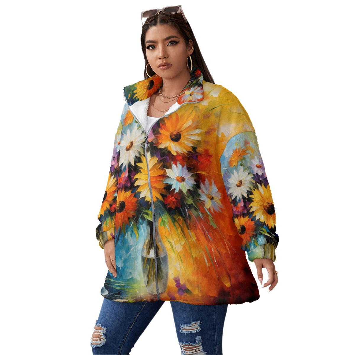 All-Over Print Unisex Borg Fleece Stand-up Collar Coat With Zipper Closure(Plus Size)