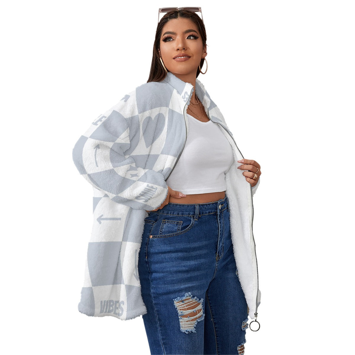 All-Over Print Unisex Borg Fleece Stand-up Collar Coat With Zipper Closure(Plus Size)