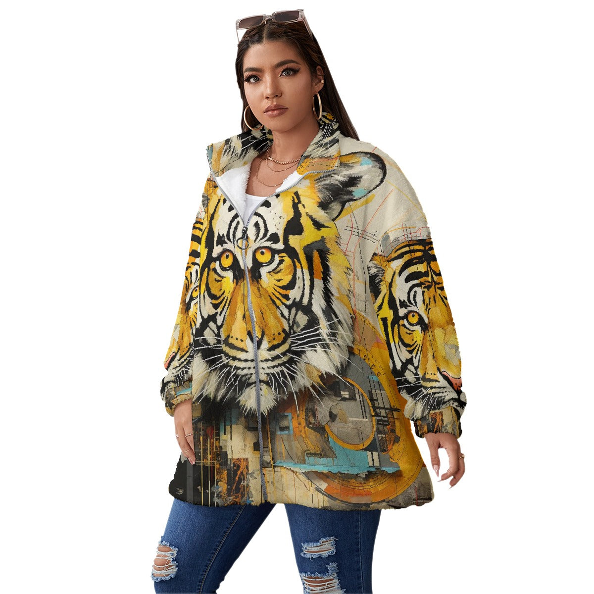 All-Over Print Unisex Borg Fleece Stand-up Collar Coat With Zipper Closure(Plus Size)