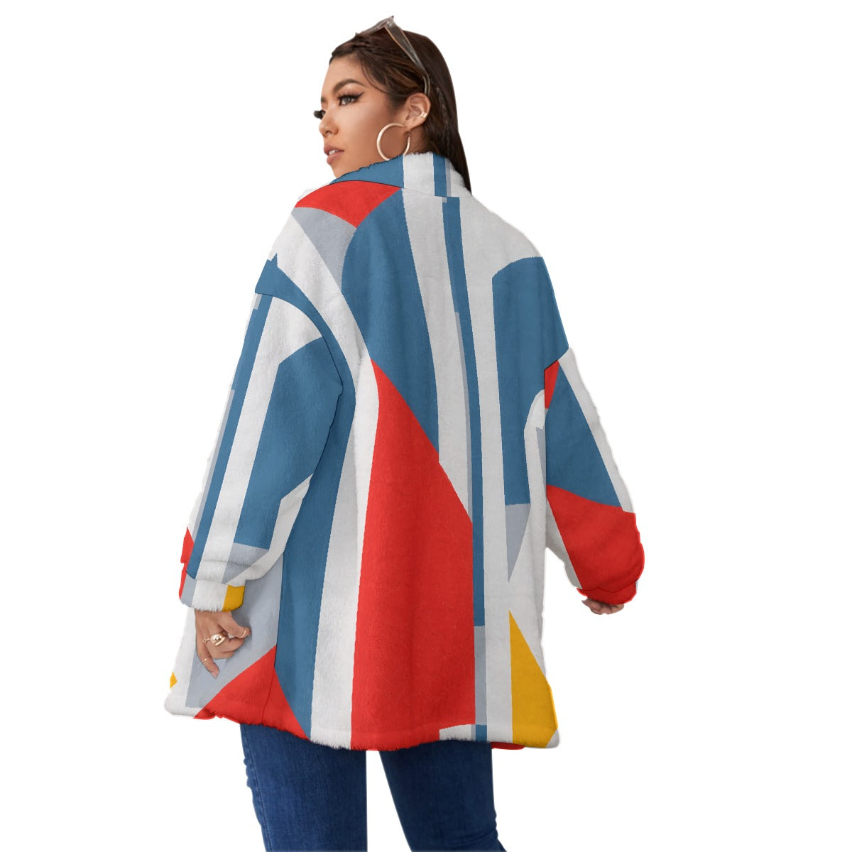 All-Over Print Unisex Borg Fleece Stand-up Collar Coat With Zipper Closure(Plus Size)