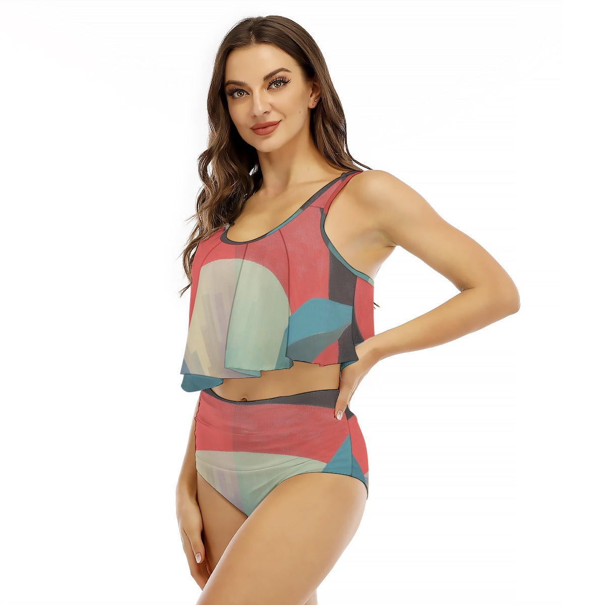 All-Over Print Women's Ruffled Vest Bikini Swimsuit