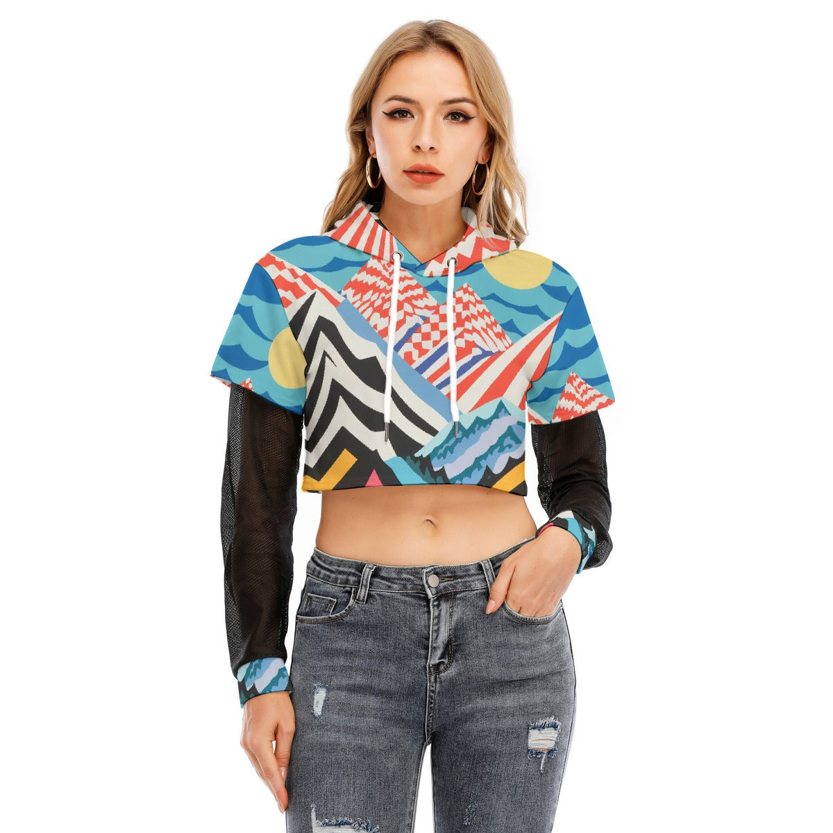 All-Over Print Women's Fake Two-piece Mesh Sleeve Cropped Hoodie