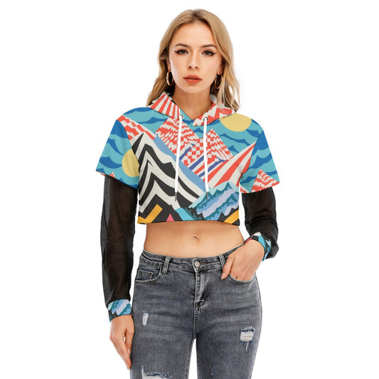 All-Over Print Women's Fake Two-piece Mesh Sleeve Cropped Hoodie