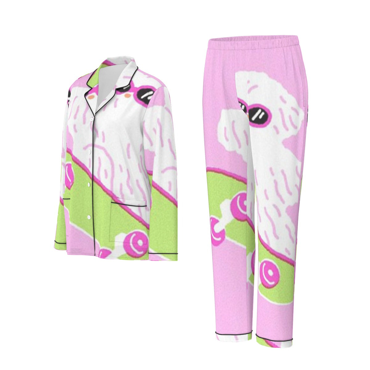 All-Over Print Women's Long Sleeve Pajama Set With Black Contrast Piping