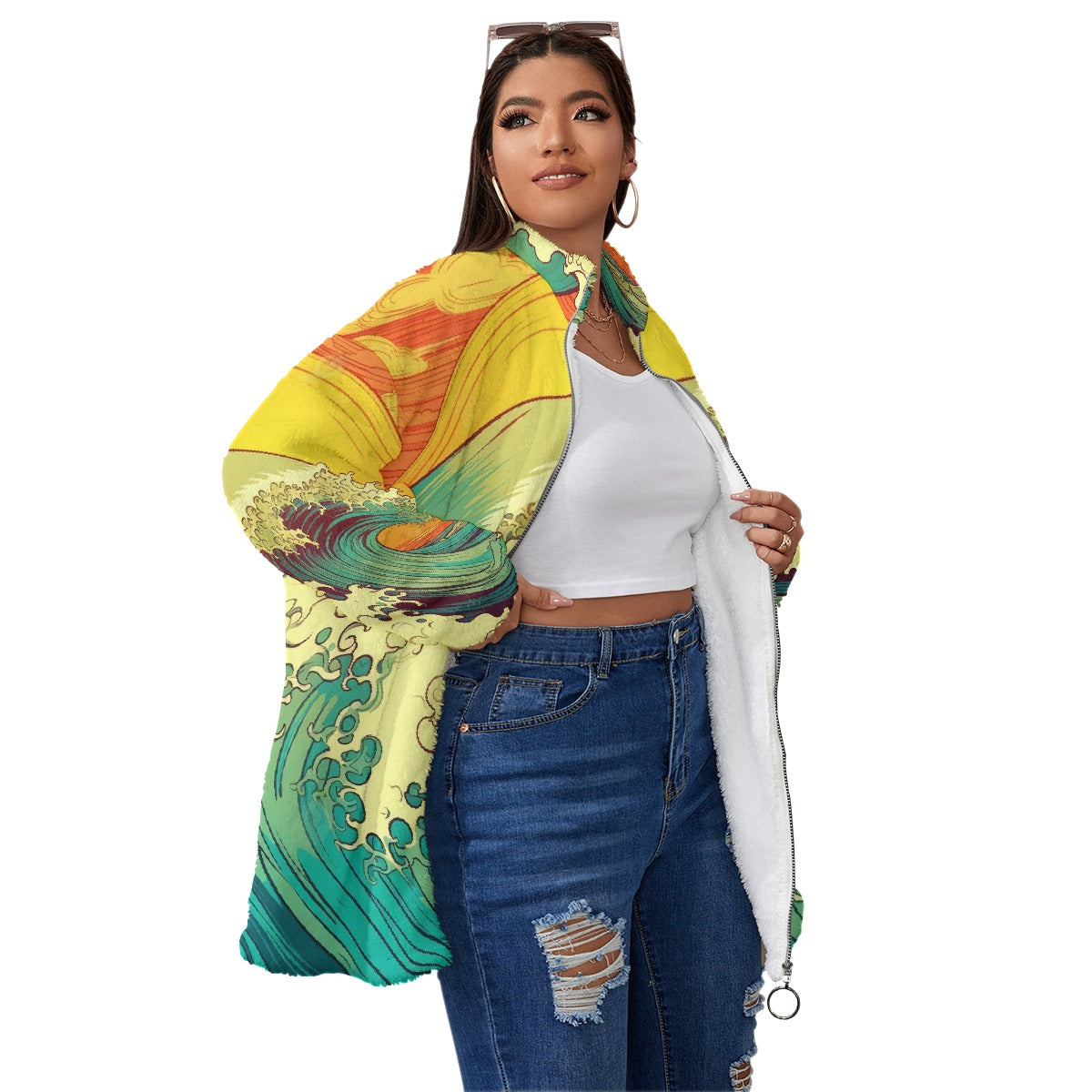 All-Over Print Unisex Borg Fleece Stand-up Collar Coat With Zipper Closure(Plus Size)