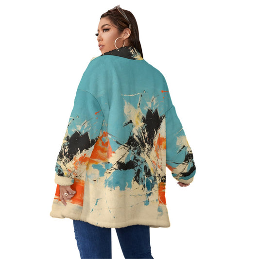 All-Over Print Unisex Borg Fleece Stand-up Collar Coat With Zipper Closure(Plus Size)