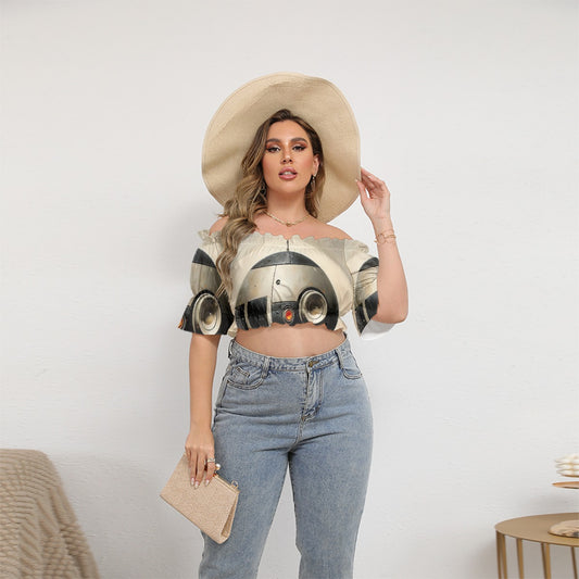 All-Over Print Women's Off-shoulder Cropped Top With Short Puff Sleeve