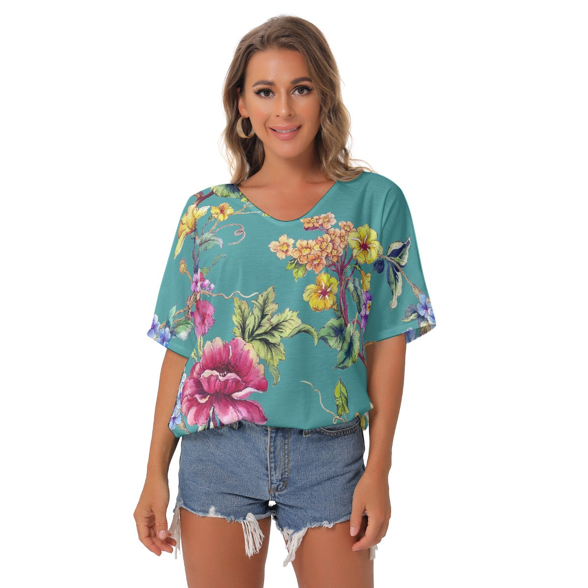 All-Over Print Women's Bat Sleeves V-Neck Blouse