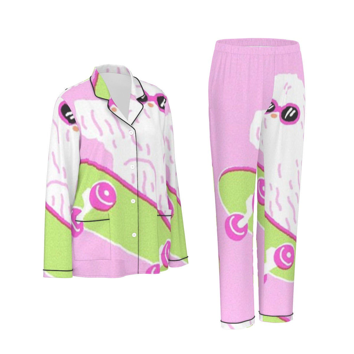 All-Over Print Women's Long Sleeve Pajama Set With Black Contrast Piping