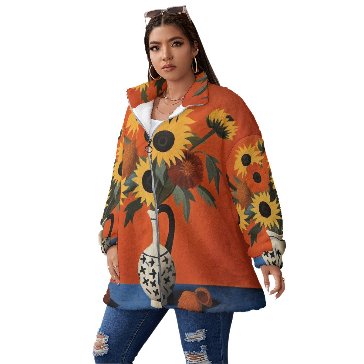 All-Over Print Unisex Borg Fleece Stand-up Collar Coat With Zipper Closure(Plus Size)