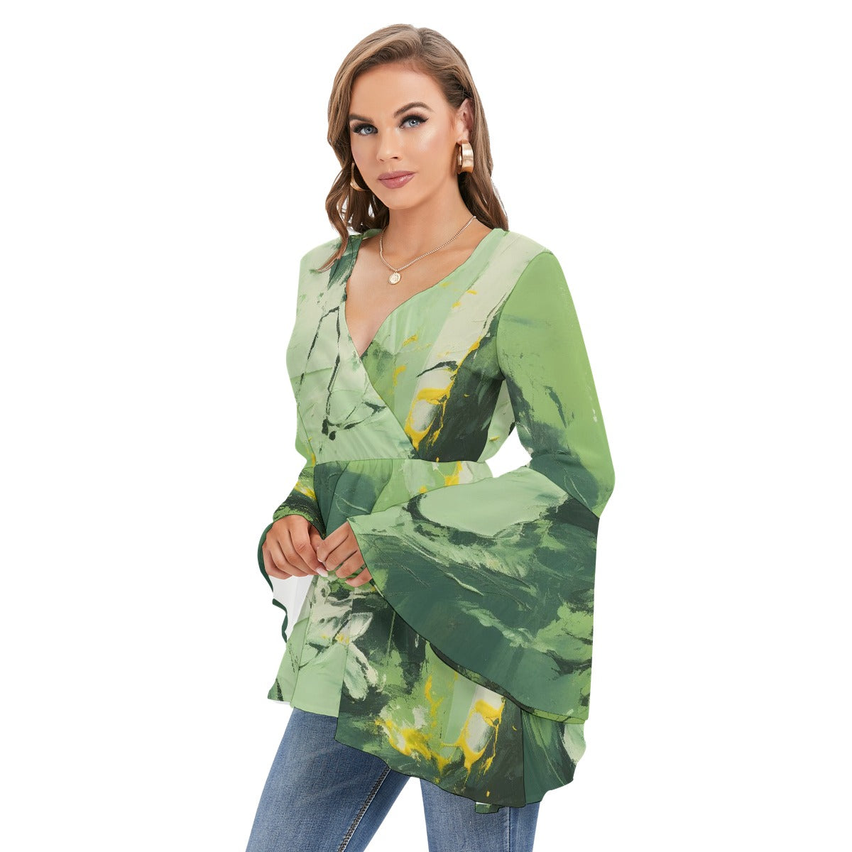 All-Over Print Women's V-neck Blouse With Flared Sleeves
