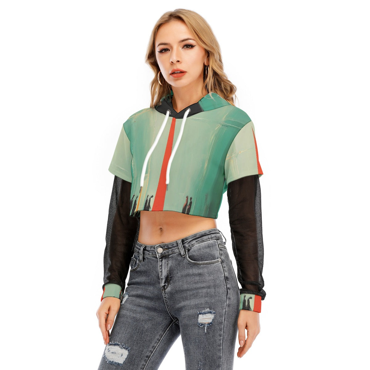 All-Over Print Women's Fake Two-piece Mesh Sleeve Cropped Hoodie