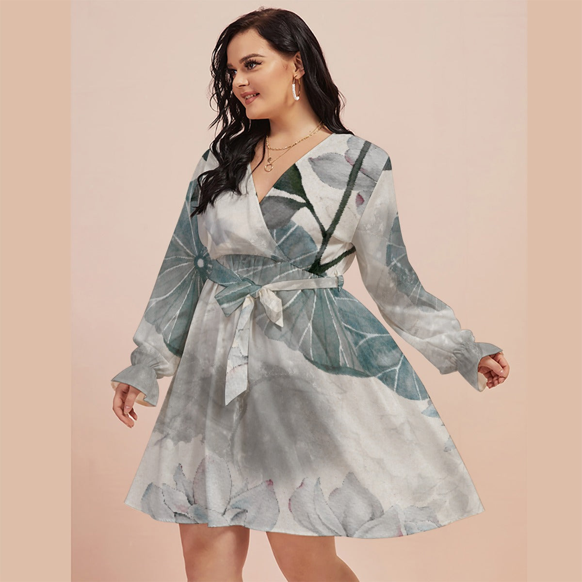 All-Over Print Women's V-neck Dress With Waistband(Plus Size)