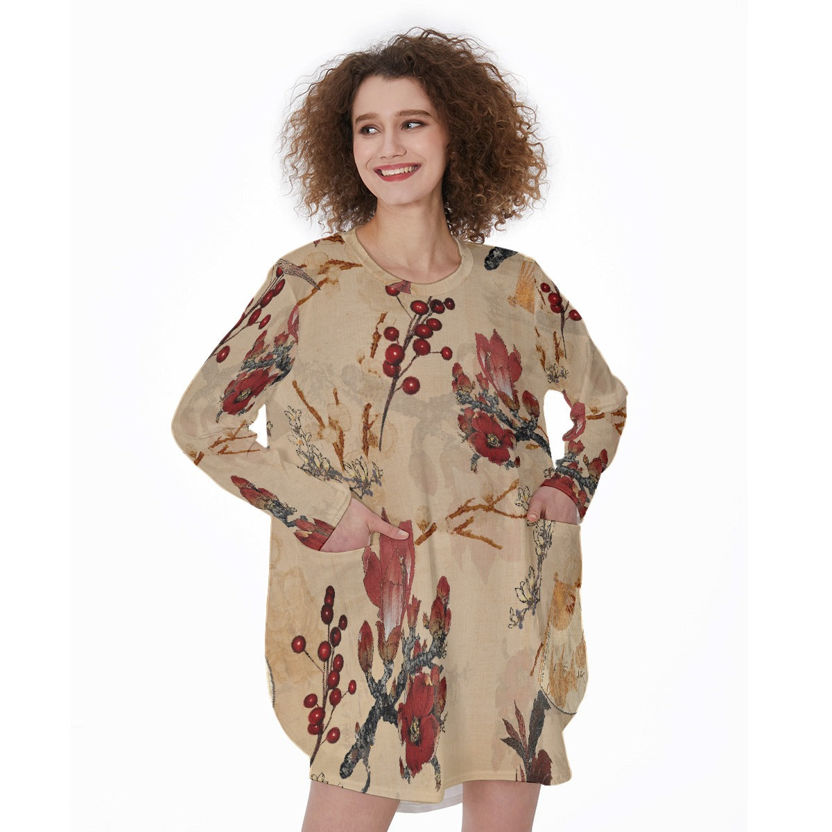 All-Over Print Women's Casual Loose Long Sleeve Dress With Pocket