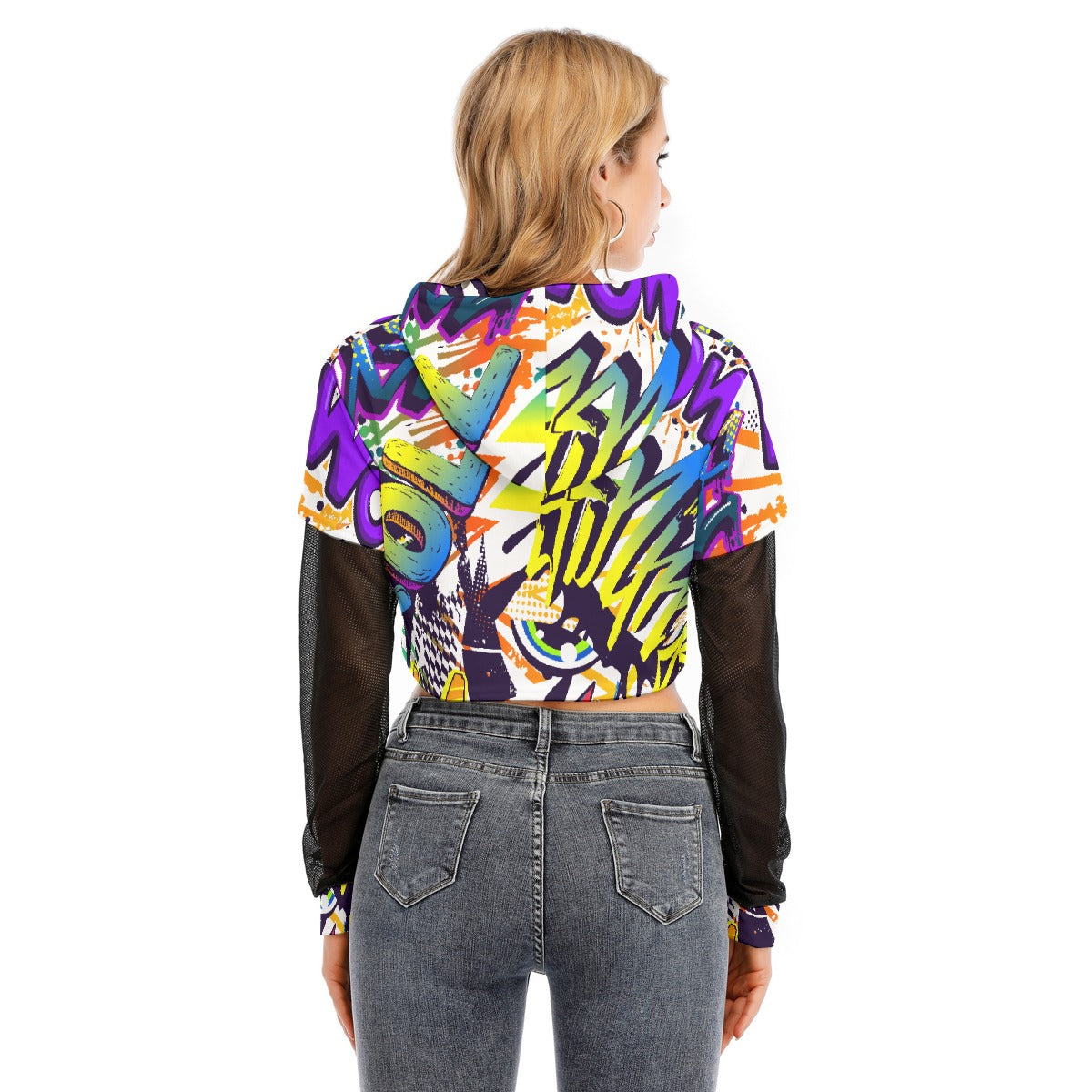 All-Over Print Women's Fake Two-piece Mesh Sleeve Cropped Hoodie